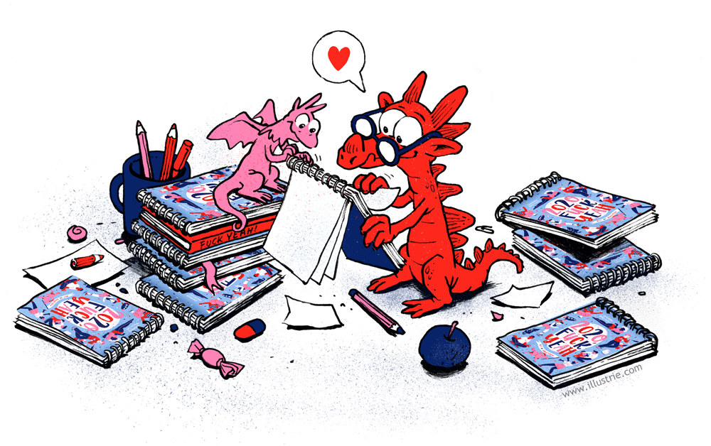 Illustration von zwei kleinen Drachen die in einem Kalender blättern, koloriert in blau, rot und rosa.