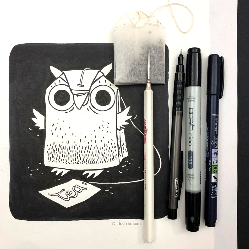 Analogue hand drawn illustration by Illustrie for the Inktober / charactober drawing challenge | tea bag + owl combined to a new characterdesign. This Illustration is available in our shop printed on T-Shirts, Mugs, Bags, etc.
.
#Illustration, #characterdesign, #art, #geek, #nerd, #comic, #comicstyle, #cartoon, #cartoonfigur, #Tee, #tea, #teabag, #Teebeutel, #Eule, #owl, #Uhu, #tealover, #funny, #cute, #niedlich, #kawaii, #zeichnen, #afternoontea, #vogel, #nacht, #night, #gutenacht, #nachtaktiv, #kauz, #drawing, #pen, #blackandwhite, #inking, #tuschezeichnung