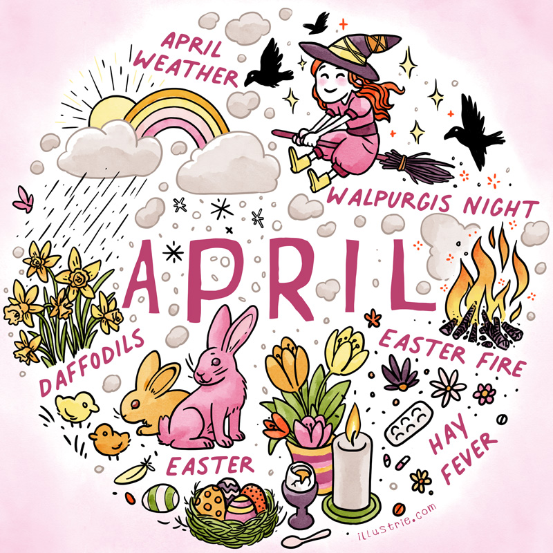 April calendar page for bullet journals: illustrated list in sketchnote style consisting of many small illustrations of things that can happen or are possible this month | Designed by illustrie.com
.
art, illustration, drawing, sketchnote, graphic recording, month, April, calendar, planner, calendar page, title page, dates, illustrated list, family calendar, year planner, spring, weather, witch, ravens, Walpurgisnacht, Easter, bunnies, Easter bunny, Easter fire, tulips, Easter eggs, daffodils, nest, Easter candle, hay fever, rainbow, flowers, blossoms, clouds, chicks, colourful, pink, positive, blackberry, yellow, cheerful