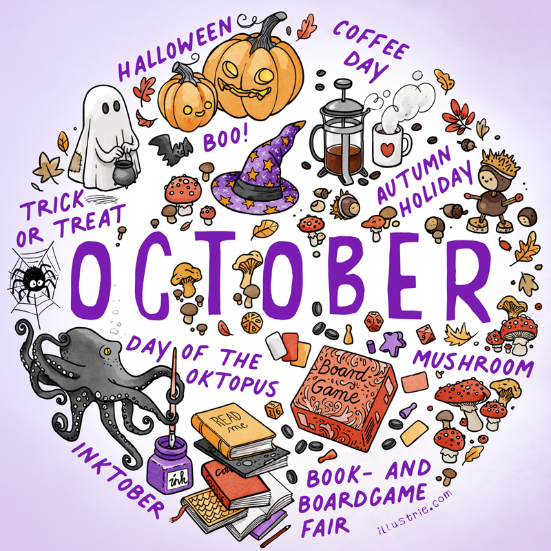 October illustration for bullet journals & calendars - illustrated sketchnote style list of autumn activities and holidays by Illustrie.com
.
Inktober, October, bulletdiary, BuJo, art, illustration, design, drawing, sketchnote, graphic recording, month, calendar, planner, calendar page, title page, dates, family calendar, year planner, diary, journal, season, seasonal, drawing, autumn, leaves, chestnut man, chanterelles, autumn season, Halloween, coffee, octopus, octopus, books, board games, mushrooms, witch's hat, ghost, trick or treat, spider, bat, ink, book fair, flatlay, orange, black, colouring, dice, pumpkin, spooky
