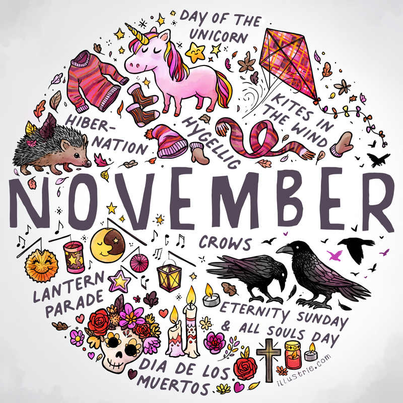 November illustration for bullet journals & calendars - illustrated sketchnote style list of autumn activities and holidays by Illustrie.com
.
November, bulletdiary, BuJo, art, illustration, design, drawing, sketchnote, graphic recording, month, calendar, planner, calendar page, title page, dates, family calendar, year planner, diary, journal, season, seasonal, drawing, autumn, foliage, unicorn, crows, lantern run, hedgehog, hibernation, hilly, cosy, jumper, scarf, hat, gloves, kite flying,  Dia de los muertos, All Souls' Day, candles, skulls, cross, light, hope, flowers, birds, dark season