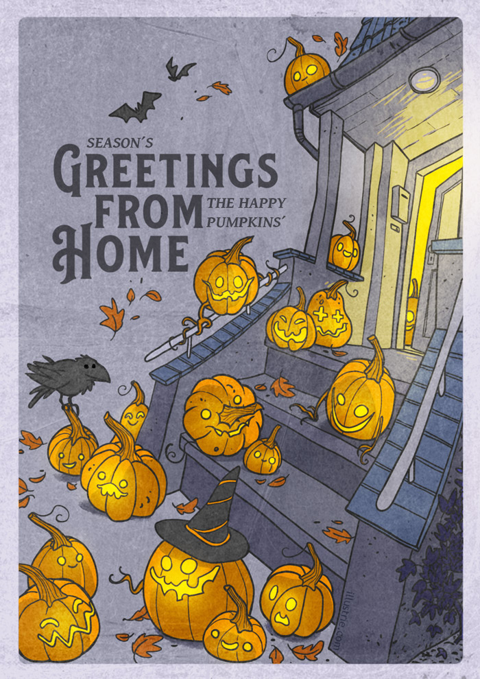 Season's greetings from the happy pumpkins home | postcard by Illustrie

#pumkin, halloween, autumn, carving pumpkins, blue, orange, cute, characterdesign, cartoonart, creaturedesign, home, entrance, halloweendecoration, raven, bats, night, witchy, spooky, Atmosphäre, Kürbis, schnitzen, Herbst, Krähe, Rabe, Fledermaus, Hauseingang, 