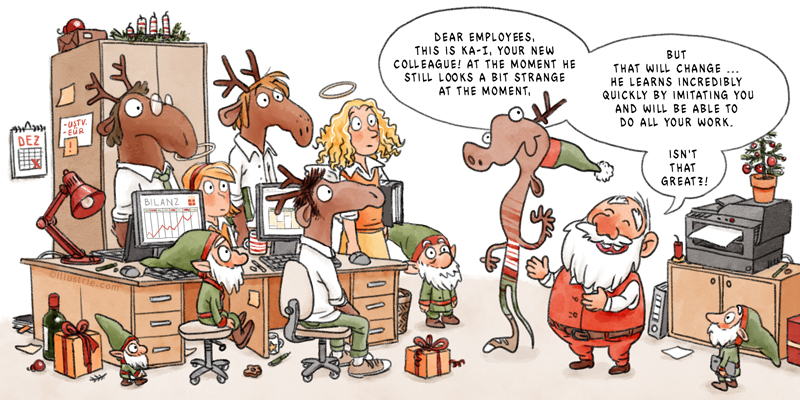 Christmas greetings 2023 with sketch - hand-drawn Christmas card from Illustrie on the subject of AI image generators. Father Christmas introduces the new employee "Ka-I" to his team (consisting of reindeer, gnomes and angels who work in his office). The team doesn't know how to react, they just stare at the newcomer. The new colleague looks strange - like a bad copy and a mixture of them all.