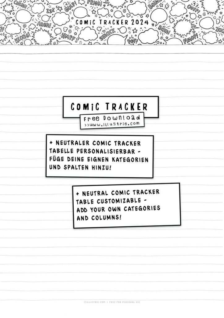 Comic Tracker Reading List customizable - Free Download - designed by Illustrie.com
Hand-drawn dense pattern (black and white lines) of various speech bubbles, sound words and other comic effects and symbols. 