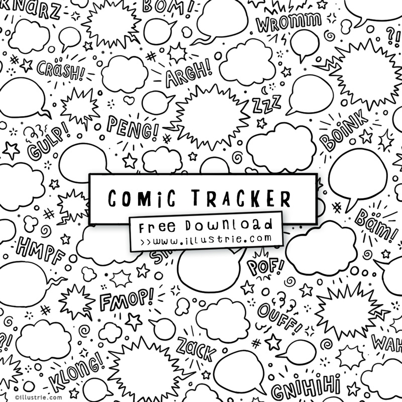 Comic Tracker Leseliste - Gratis Download - designed by Illustrie.com
Handgezeichnetes dichtes Muster (Schwarz-Weiß-Strich) von verschiedenen Sprechblasen und Lautmalerei (Onomatopoesie) und anderen Comiceffekten und Comicsymbolen. 