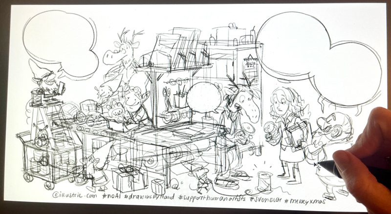 Foto von der Skizze, in der Packstation des Weihnachtsmannes werden nun KI-Schleifenbänder verwendet, die die "Schleifenconnection verbessern, das Schenk-Gefühl optimieren und mit denen man chatten kann – nur Schleife binden muss man selbstverständlich noch selbst". Humorvolle handgefertigte Zeichnung, mit Geschenke-packenden Wichteln, Elchen, Büro-Engeln nebst Weihnachtsmann, die sich über die übermäßige Verwendung von KI lustig macht. 